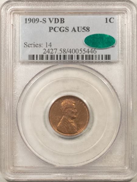 CAC Approved Coins 1909-S VDB LINCOLN CENT- PCGS AU-58 CAC, PQ! LOOKS UNC, KEY DATE!