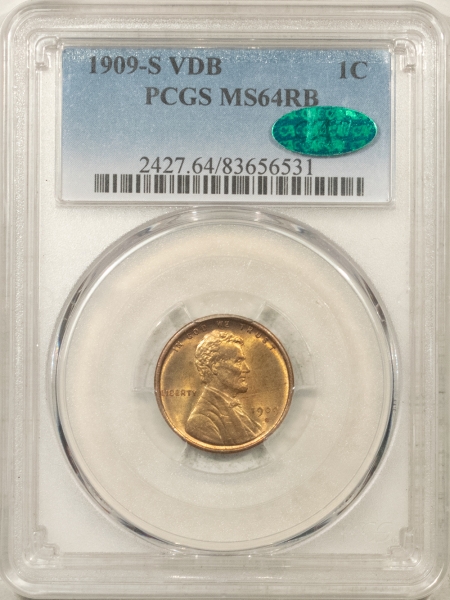 CAC Approved Coins 1909-S VDB LINCOLN CENT, PCGS MS-64 RB CAC, KEY DATE, LOTS OF RED!  PQ!