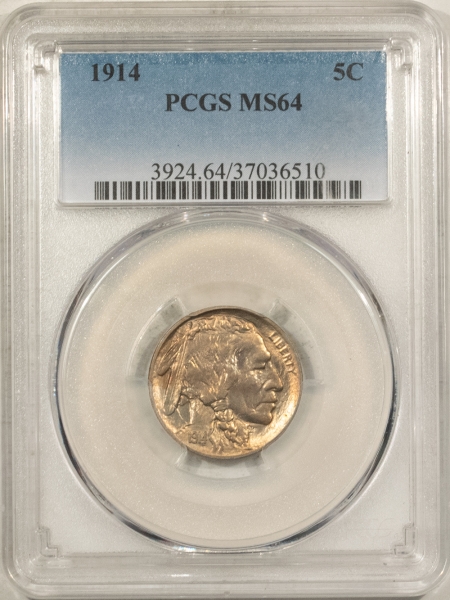 Buffalo Nickels 1914 BUFFALO NICKEL – PCGS MS-64, PRETTY, ORIGINAL!