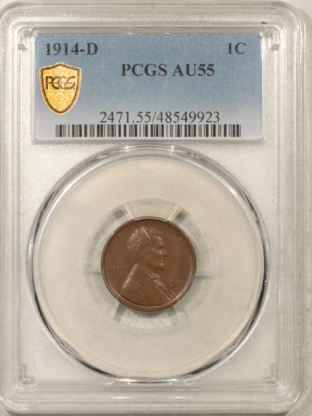 Lincoln Cents (Wheat) 1914-D LINCOLN CENT – PCGS AU-55, FRESH, CHOCOLATE BROWN! KEY DATE!