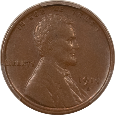 Lincoln Cents (Wheat) 1914-D LINCOLN CENT – PCGS AU-55, FRESH, CHOCOLATE BROWN! KEY DATE!