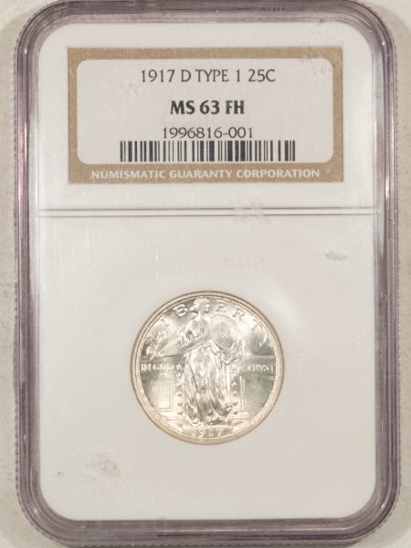 New Certified Coins 1917-D TYPE I STANDING LIBERTY QUARTER – NGC MS-63 FH, BLAST WHITE!