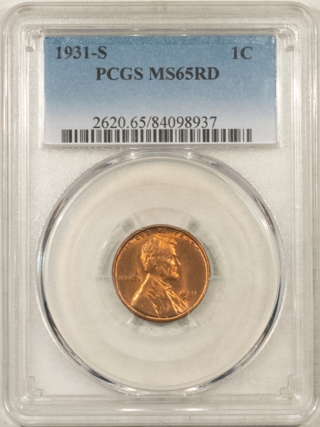 Lincoln Cents (Wheat) 1931-S LINCOLN CENT – PCGS MS-65 RD, ORIGINAL RED GEM! KEY-DATE!