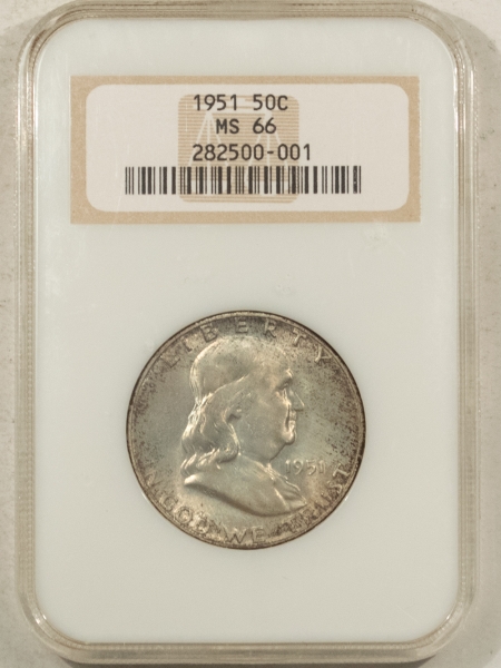 Franklin Halves 1951 FRANKLIN HALF DOLLAR – NGC MS-66, FRESH & PQ, FATTIE HOLDER!