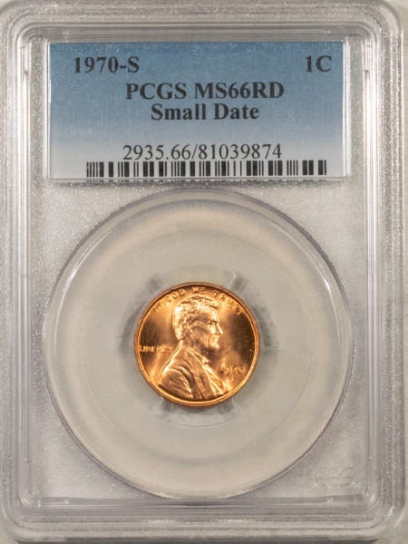 Lincoln Cents (Memorial) 1970-S LINCOLN CENT, SMALL DATE – PCGS MS-66 RD, BLAZING RED & PQ!