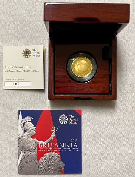 Bullion 2016 UK 25 LB GOLD PROOF BRITANNIA 1/4 OZ, #105/1125 – GEM PROOF W/ BOX/COA!