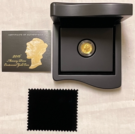 Modern Commems 2016-W 1/10 OZ CENTENNIAL GOLD MERCURY DIME GEM SP, ORIGINAL GOVERMENT PACKAGING