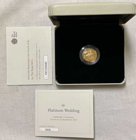 Bullion 2017 UK GOLD CELEBRATION SOVEREIGN, PLATINUM WEDDING ANNIVERSARY – BU W/ BOX/COA