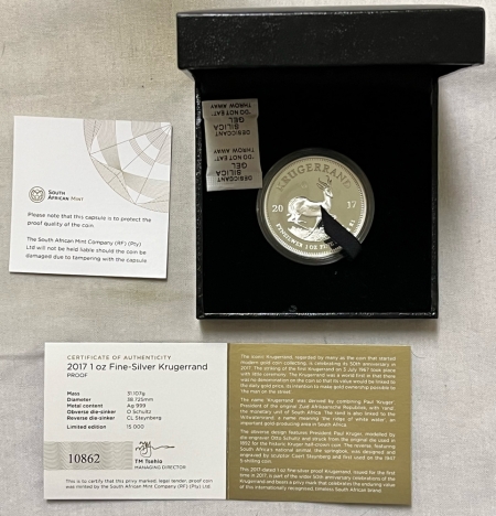 Bullion 2017 SOUTH AFRICA 1 OZ .999 SILVER PROOF KRUGERRAND, GEM PROOF IN ORIGINAL PKG