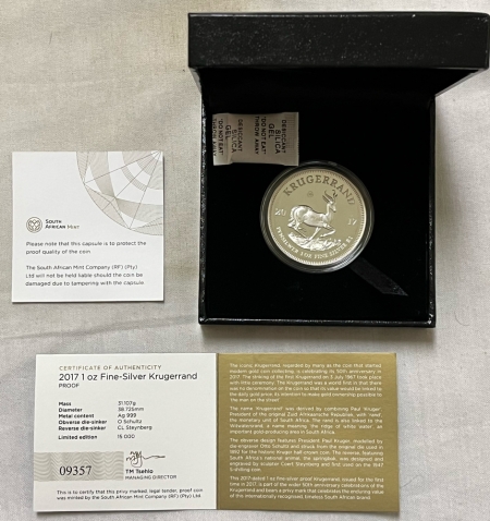 Bullion 2017 SOUTH AFRICA 1 OZ .999 SILVER PROOF KRUGERRAND, GEM PROOF IN ORIGINAL PKG