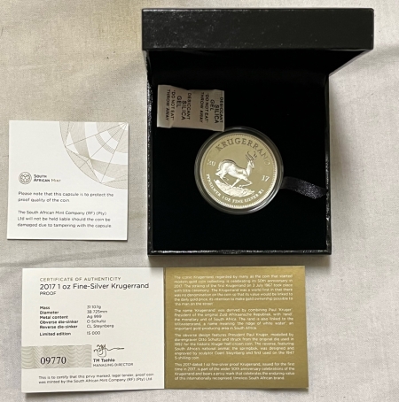 Bullion 2017 SOUTH AFRICA 1 OZ .999 SILVER PROOF KRUGERRAND, GEM PROOF IN ORIGINAL PKG