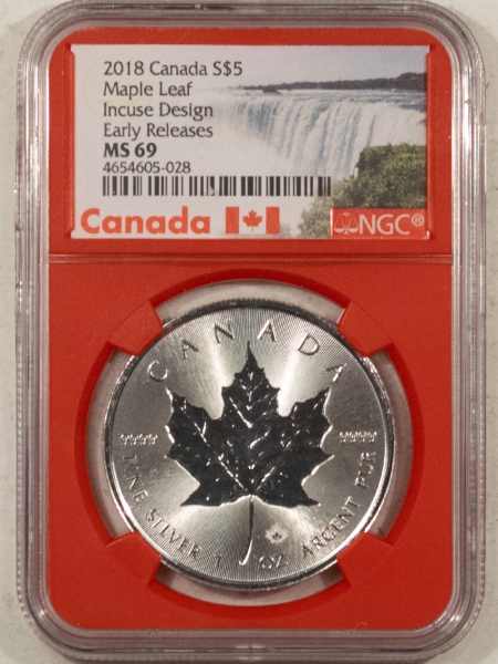 Bullion 2018 CANADA 1 OZ SILVER $5 MAPLE LEAF INCUSE DESIGN – NGC MS-69 EARLY RELEASE!