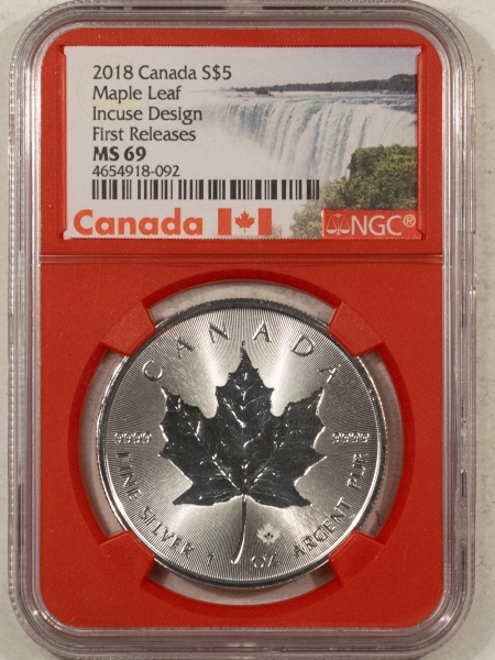 Bullion 2018 CANADA 1 OZ SILVER $5 MAPLE LEAF INCUSE DESIGN – NGC MS-69 FIRST RELEASE!