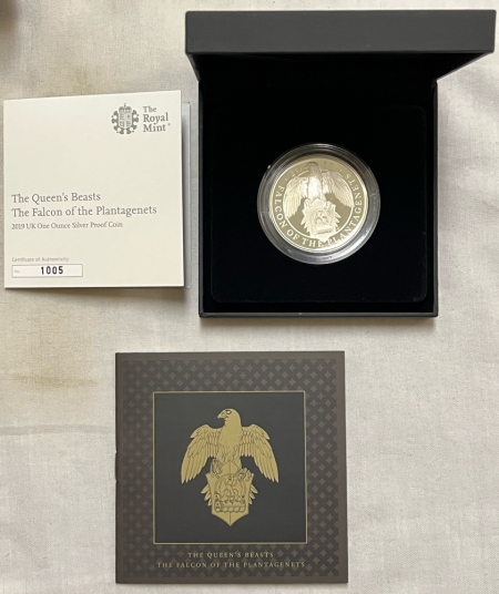 Bullion 2019 UK 2LB QUEEN’S BEASTS 1OZ .999 SILVER PROOF FALCON OF THE PLANTAGENETS, OGP