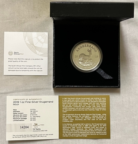 Bullion 2019 SOUTH AFRICA 1 OZ .999 SILVER PROOF KRUGERRAND, GEM PROOF IN ORIGINAL PKG