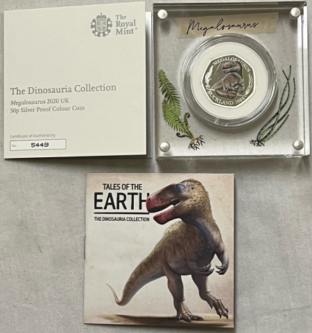 Bullion 2020 GREAT BRITAIN 50 PENCE SILVER PROOF- TALES OF THE EARTH MEGALOSAURUS W/ OGP