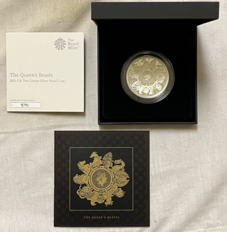 Bullion 2021 UK 5 POUNDS QUEEN’S BEASTS 2 OZ .999 SILVER PROOF, GEM, OGP, RARE, #570/750