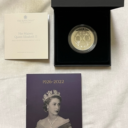 World Certified Coins 2022 UK 5 POUNDS SILVER PROOF, HER MAJESTY QUEEN ELIZABETH II, REGINA, GEM, OGP