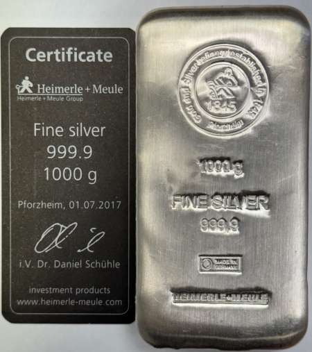 Bullion HEIMERLE+MEULE 999.9 FINE SILVER 1 KILOGRAM BAR, MADE IN GERMANY, W/ CERTIFICATE