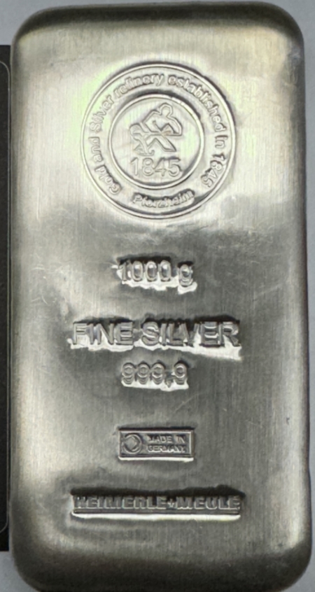 Bullion HEIMERLE+MEULE 999.9 FINE SILVER 1 KILOGRAM BAR, MADE IN GERMANY, W/ CERTIFICATE