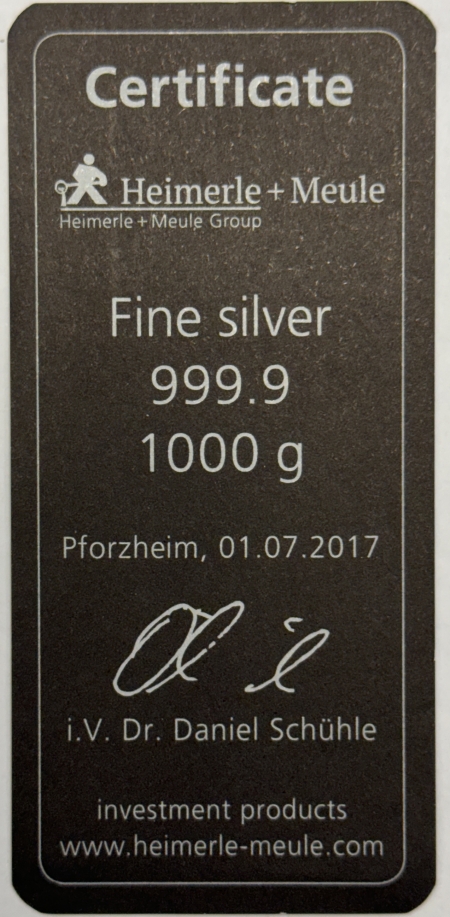 Bullion HEIMERLE+MEULE 999.9 FINE SILVER 1 KILOGRAM BAR, MADE IN GERMANY, W/ CERTIFICATE