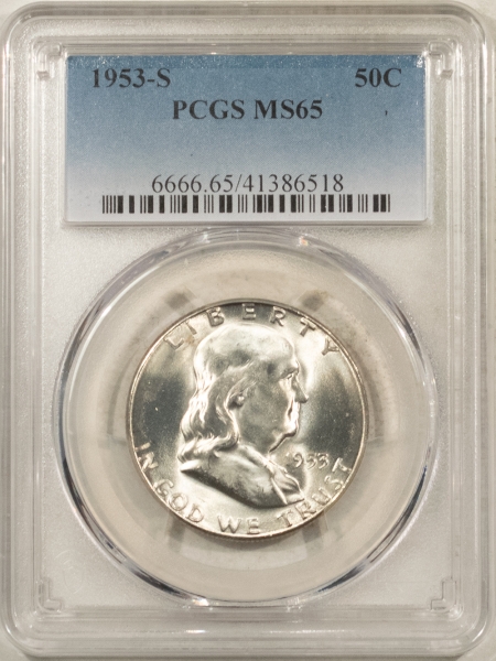 Franklin Halves 1953-S FRANKLIN HALF DOLLAR – PCGS MS-65, BLAST WHITE GEM FROM AN ORIGINAL ROLL!