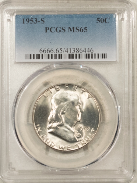 Franklin Halves 1953-S FRANKLIN HALF DOLLAR – PCGS MS-65, BLAST WHITE GEM!