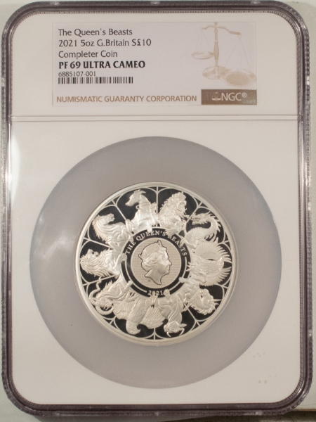 New Certified Coins 2021 UK 10LBS QUEEN’S BEASTS 5OZ 999 SILVER COMPLETER NGC PF69 UCAM, OGP 110/435