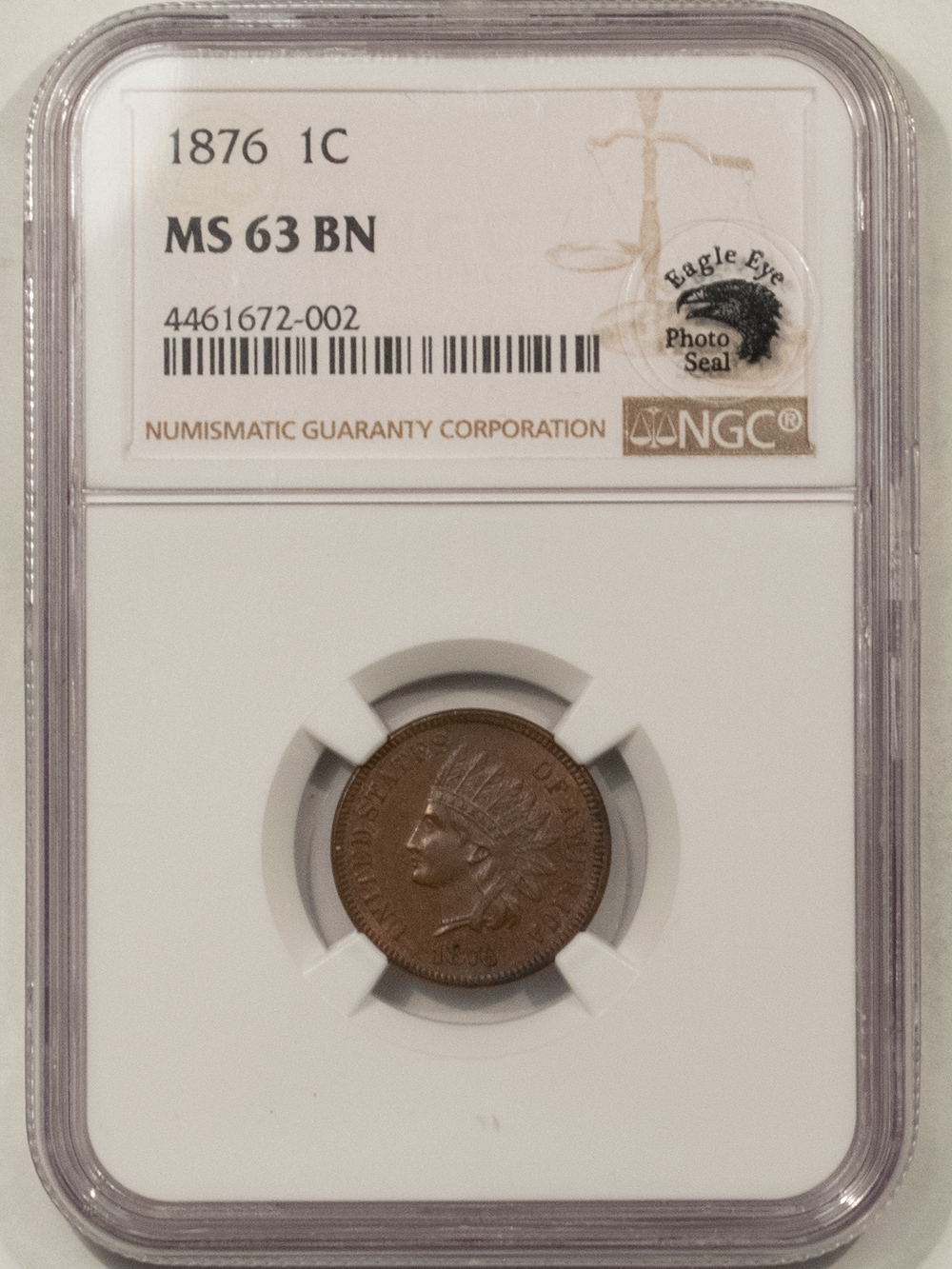 1876 INDIAN CENT - NGC MS-63 BN, EAGLE EYE PHOTO SEAL, SMOOTH & PQ!