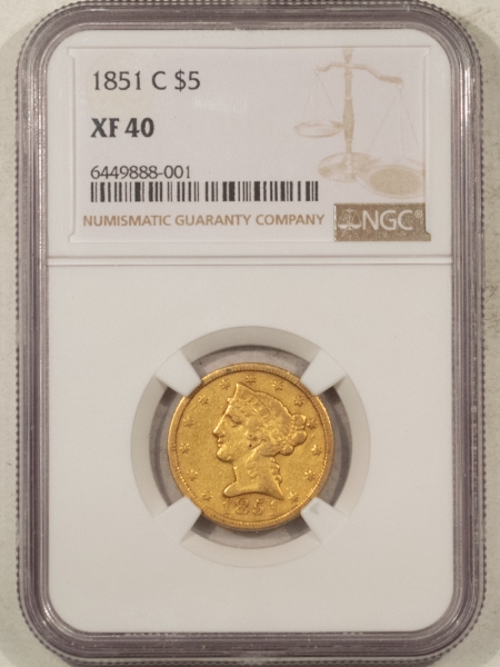 $5 1851-C $5 LIBERTY GOLD – NGC XF-40, NICE ORIGINAL CHARLOTTE GOLD!