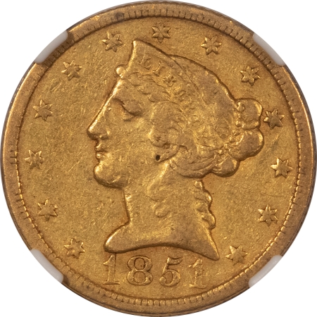 $5 1851-C $5 LIBERTY GOLD – NGC XF-40, NICE ORIGINAL CHARLOTTE GOLD!