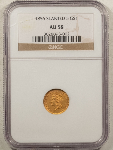 $1 1856 $1 GOLD DOLLAR, SLANTED 5 – NGC AU-58