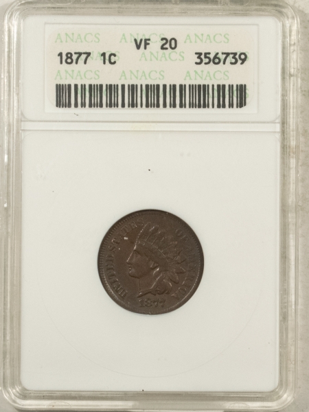 Indian 1877 INDIAN CENT – ANACS VF-20,  BOLD DETAILS & PQ+! OLD WHITE HOLDER, KEY-DATE