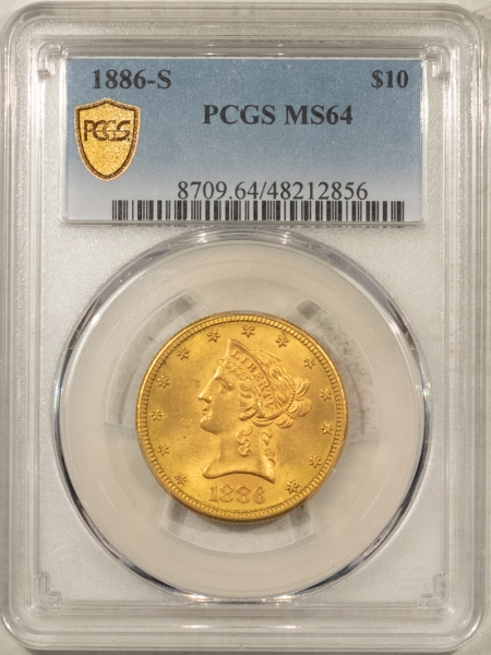 $10 1886-S $10 LIBERTY GOLD – PCGS MS-64, TOUGH DATE, FEW FINER & THOSE ARE 25K!