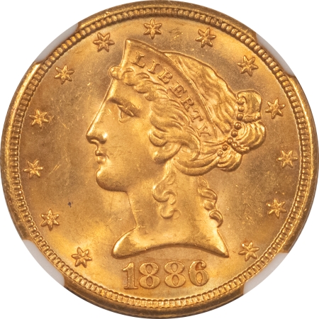 $5 1886-S $5 LIBERTY GOLD – NGC MS-66, POP 2, O HIGHER!