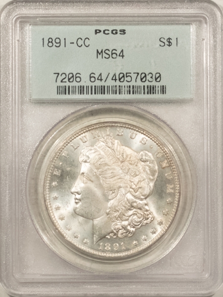 Morgan Dollars 1891-CC MORGAN DOLLAR PCGS MS-64, OLD GREEN HOLDER, PREMIUM QUALITY, CARSON CITY