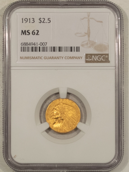 $2.50 1913 $2.50 INDIAN GOLD NGC MS-62, FRESH & PQ, LOOKS CHOICE!