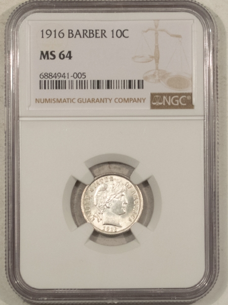 Barber Dimes 1916 BARBER DIME – NGC MS-64, WHITE & LUSTROUS!