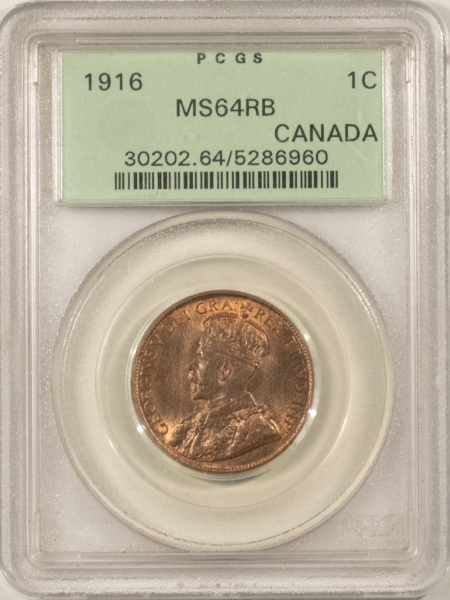 New Store Items 1916 CANADA CENT, KM-21 – PCGS MS-64 RB, OLD GREEN HOLDER, PREMIUM QUALITY!