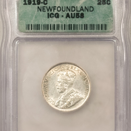 World Certified Coins 1919-C CANADA NEWFOUNDLAND 25C, KM-17 – ICG AU-58, FRESH & FLASHY!