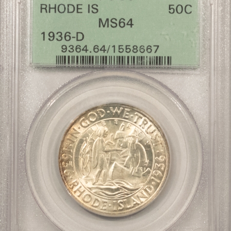 Silver 1936-D RHODE ISLAND COMMEMORATIVE HALF DOLLAR, PCGS MS-64, OGH, PRETTY & PQ+