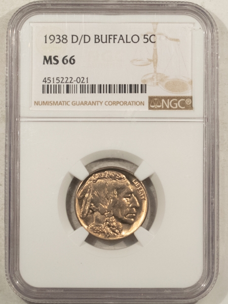 Buffalo Nickels 1938-D/D BUFFALO NICKEL – NGC MS-66, ORIGINAL SUPERB GEM!