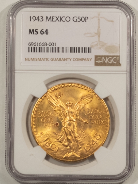 New Certified Coins 1943 MEXICO 50 PESOS GOLD, 1.2057 OZ NGC MS-64 FLASHY & NEAR GEM! MINTAGE 89,000