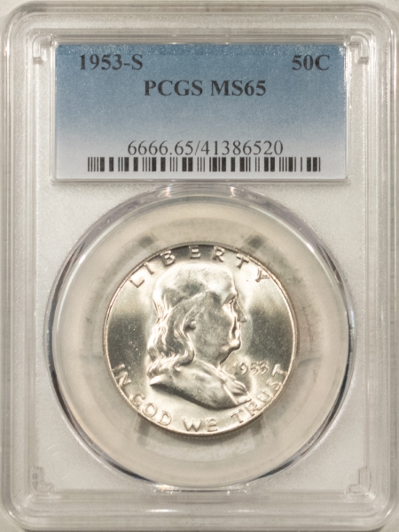 Franklin Halves 1953-S FRANKLIN HALF DOLLAR – PCGS MS-65, BLAST WHITE GEM!