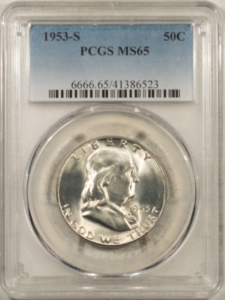 Franklin Halves 1953-S FRANKLIN HALF DOLLAR – PCGS MS-65, BLAST WHITE GEM!