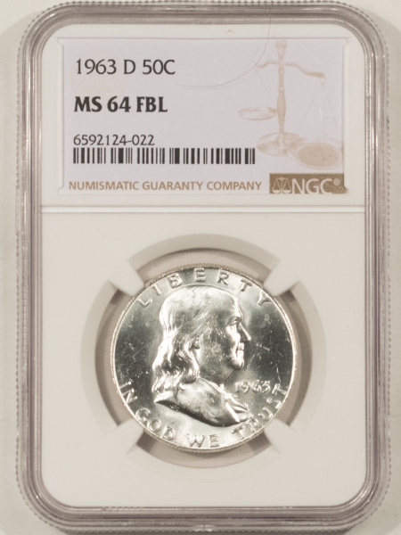 Franklin Halves 1963-D FRANKLIN HALF DOLLAR – NGC MS-64 FBL, WHITE!