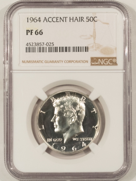 Kennedy Halves 1964 ACCENT HAIR PROOF KENNEDY HALF DOLLAR – NGC PF-66, WHITE!