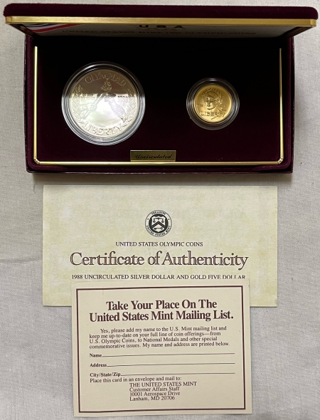 Modern Commems 1988 US OLYMPICS COMMEMORATIVE 2 COIN SET, $5 GOLD & SILVER $1 – GEM BU W/ OGP!