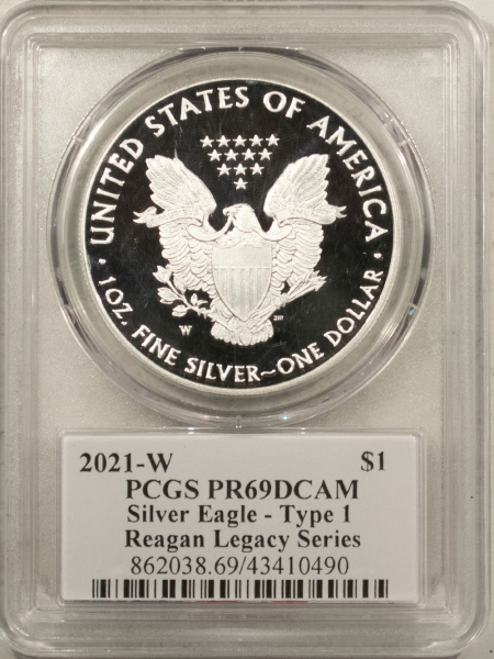 American Silver Eagles 2021-W $1 AMERICAN SILVER EAGLE, TYPE 1, 1 OZ, REAGAN LEGACY – PCGS PR-69 DCAM