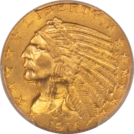 $5 1914 $5 INDIAN GOLD – PCGS MS-62, TOUGH DATE, MARK-FREE & NICE!